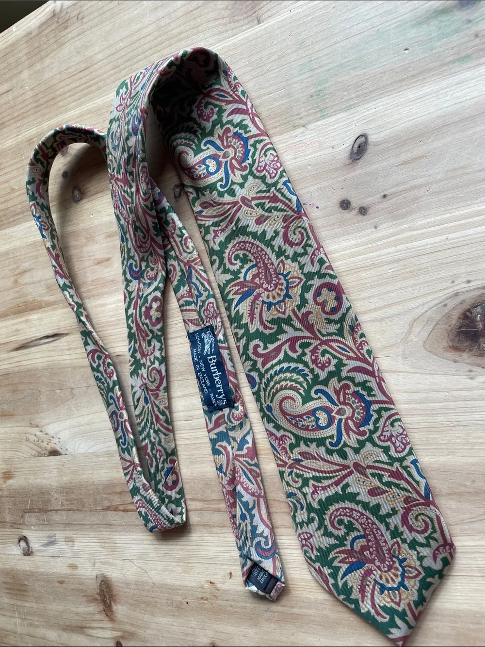 Burberry Green and Beige Paisley Silk Tie with Red & Blue Accents